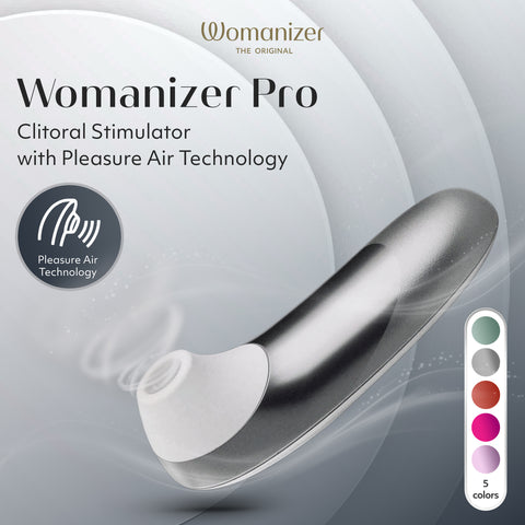 Womanizer Pro clitoral stimulator packaging with branding and product details on a gray background.