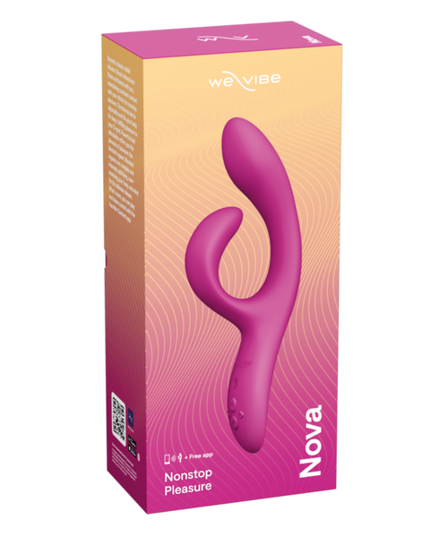 The retail packaging box for the We vibe Nova pleasure product, featuring a pink and orange gradient design with a graphic of the purple device on the front.