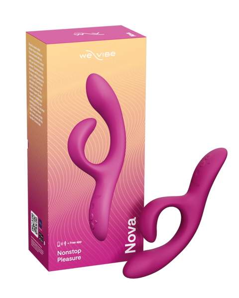 A pink and purple wavy silicone adult novelty massager shown next to its orange-to-pink gradient retail box on a plain white background. The box is branded 'woovibe' and labeled 'Nova'.