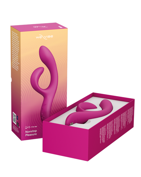 A pink and orange gradient retail box for the Wavoid Monstera Pleasure vibrator, with the box standing upright next to an open box displaying the pink curved vibrator inside.