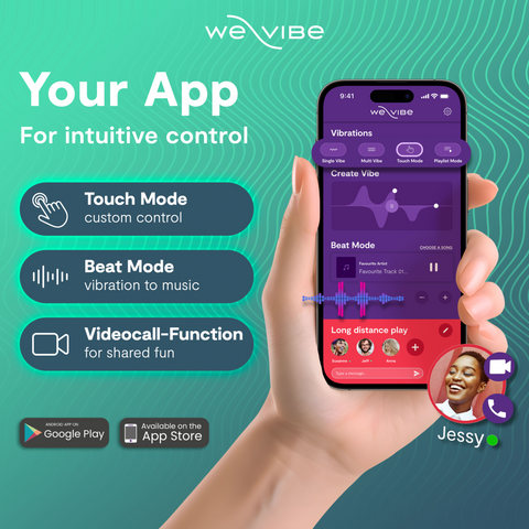 Hand holding a smartphone displaying the WeVibe app with app features and branding on a teal background.