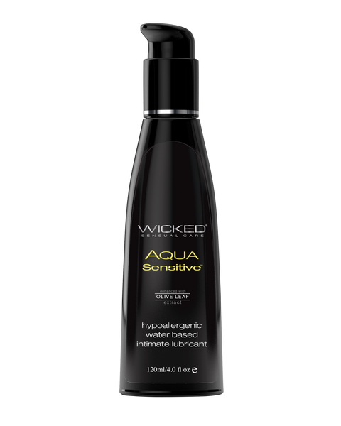 Wicked Sexual Care Aqua Sensitive water based intimate lubricant in a black pump bottle on a white background.