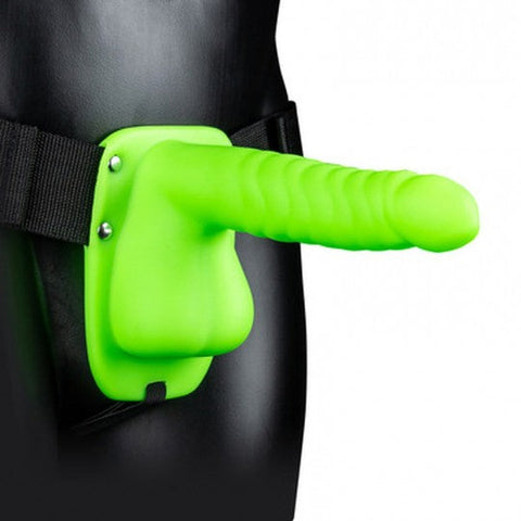 Ouch Ribbed Hollow Strap with Balls 8" Glow