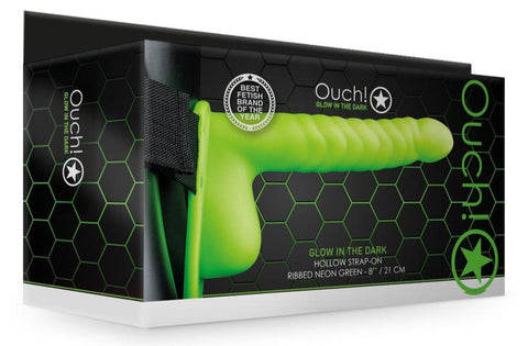 Ouch Ribbed Hollow Strap with Balls 8" Glow