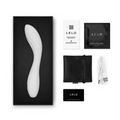 LELO personal massager set in black packaging, featuring a white curved wand massager, black carrying pouch, USB charging cable, and branded accessories on a white background.
