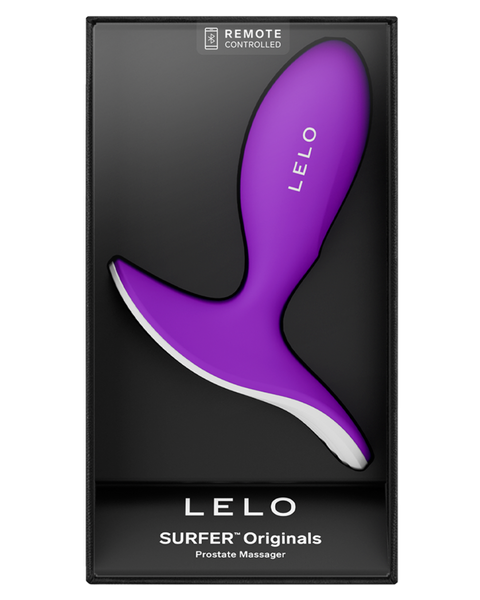 Purple LELO Surfer Originals prostate massager in packaging on a white background