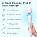 Le Wand Classique Plug-in Wand Massager with features listed on a light blue background