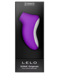 Purple clitoral massager in black packaging with 'LELO' branding on a white background