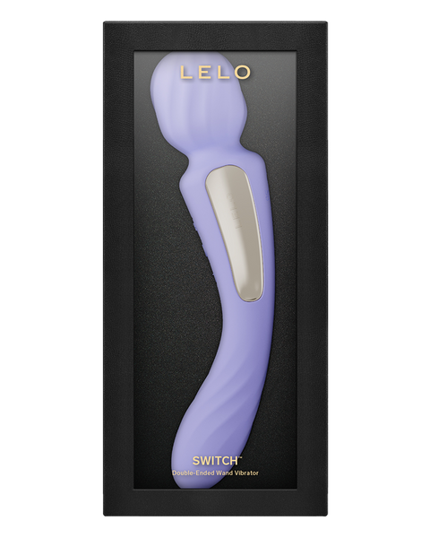 Purple and silver vibrator in a black box with 'LELO' branding