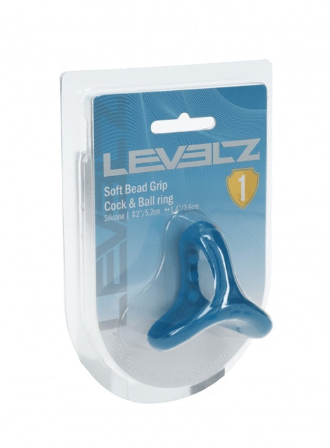 Blue cock and ball ring in Levelz packaging on a white background