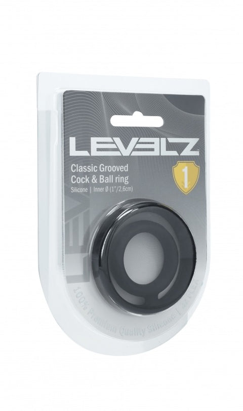 Levelz classic grooved cock and ball ring packaging on a white background