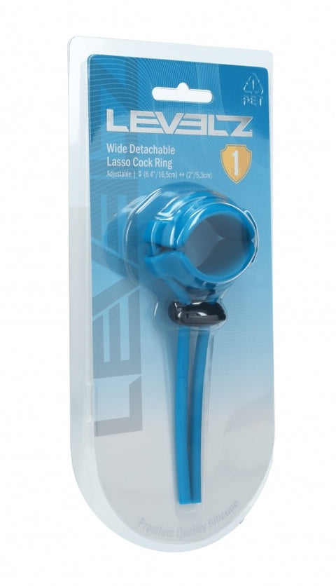 Blue Levelz wide detachable laser cock ring in packaging on a white background