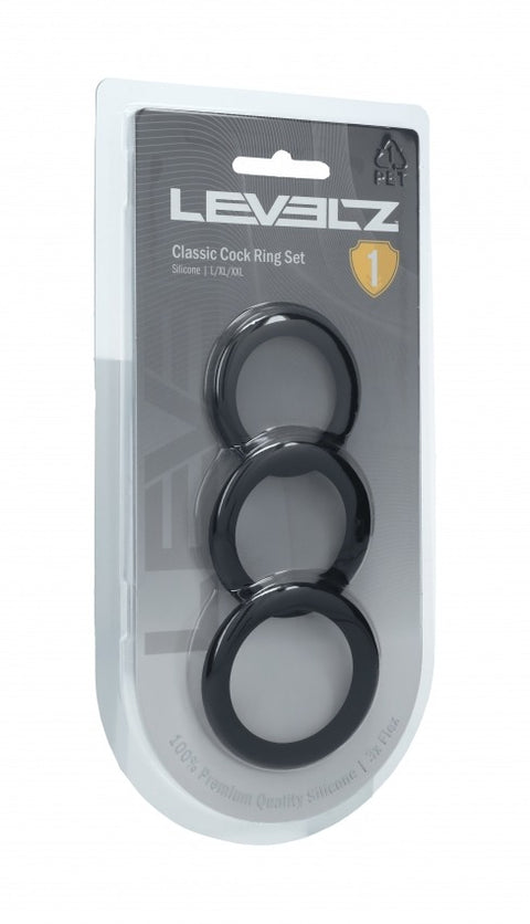 Packaged Levelz black cock ring set on a white background