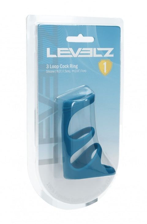 Blue 3-loop cock ring in Levelz packaging on a white background