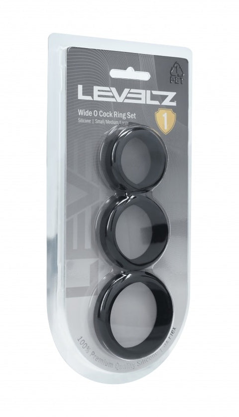Levelz wide D cock ring set packaging on a white background