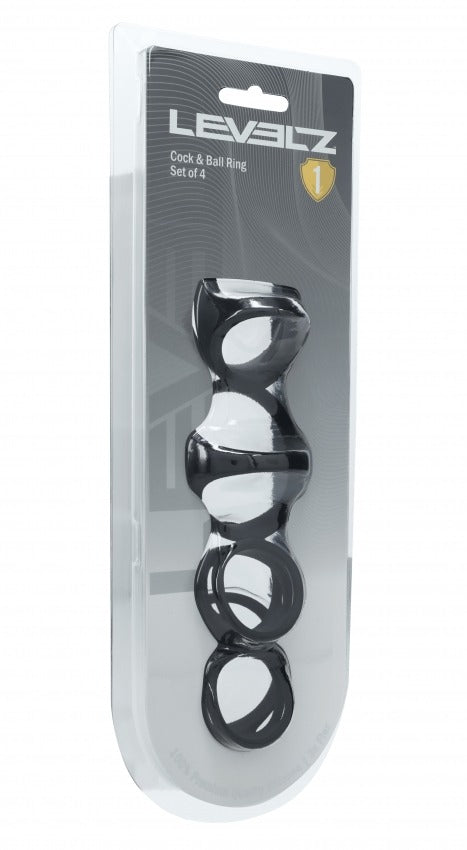 Levelz cock and ball ring set packaging on a white background