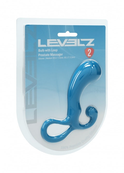 Blue prostate massager in Levelz packaging on a white background