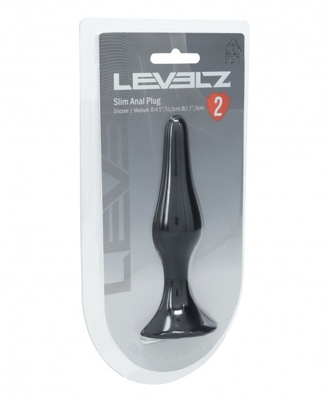 Black slim anal plug in Levelz packaging on a white background