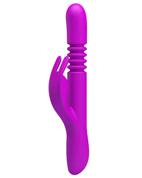 A bright magenta purple silicone personal massager with a textured central shaft and a curved finger support on the left side, shown against a plain white background.