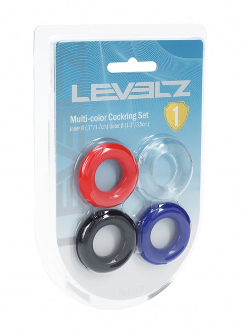 Levelz multi-color cockring set packaging with three rings in red, black, and blue on a white background.