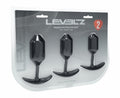 Levelz weighted anal plug training kit packaging with three black plugs.