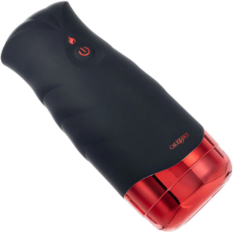 Black and red handheld device with visible brand name on a white background