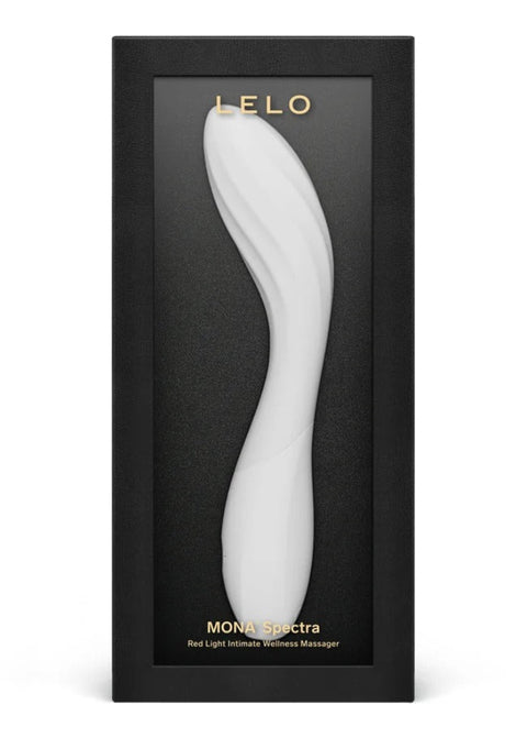 LELO Monospectra red light therapy wand in its black retail packaging, shown against a plain white background.