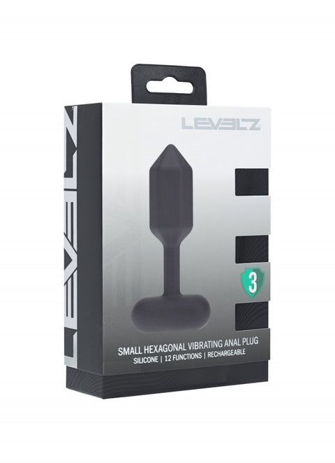 Levelz small hexagonal vibrating anal plug packaging on a white background