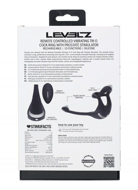 Levelz Remote Control Vibrating Silicone Tri O Cock Ring with Prostate Stimulator Black