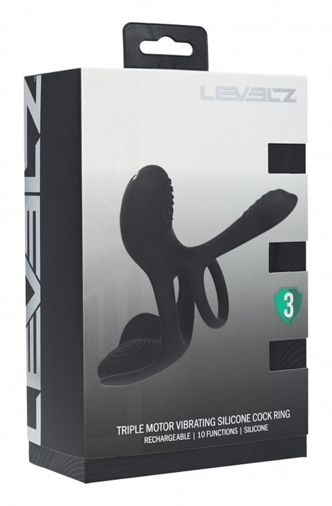 Levelz triple motor vibrating silicone cock ring packaging on a white background