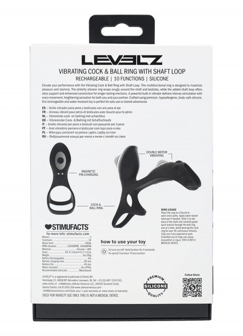 Levelz Vibrating Silicone Cock & Ball Ring with Shaft Loop Black