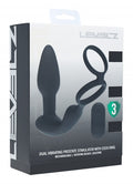 Levelz dual vibrating prostate stimulator packaging with cock ring on a white background