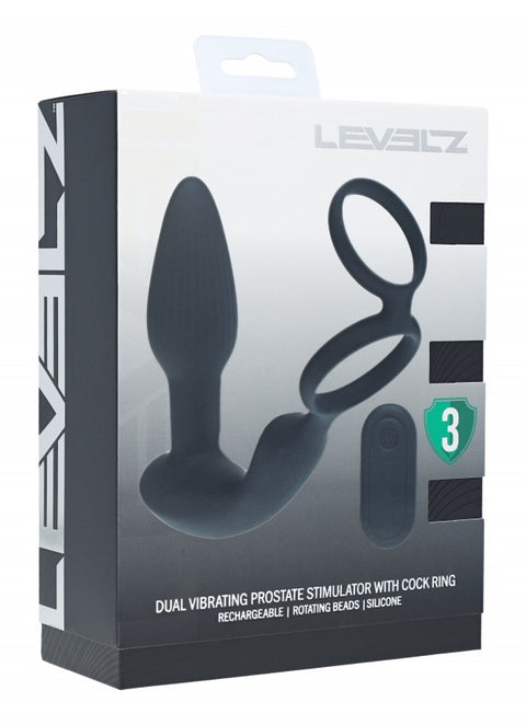 Levelz dual vibrating prostate stimulator packaging with cock ring on a white background