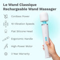 Le Wand Classique rechargeable wand massager with features listed on a light blue background