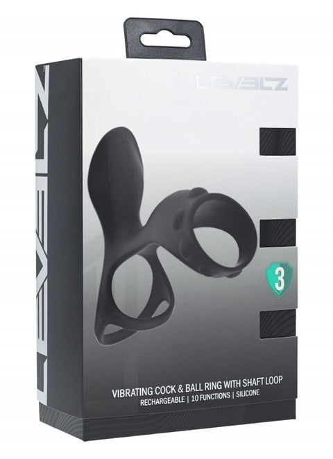 Levelz Vibrating Silicone Cock & Ball Ring with Shaft Loop Black