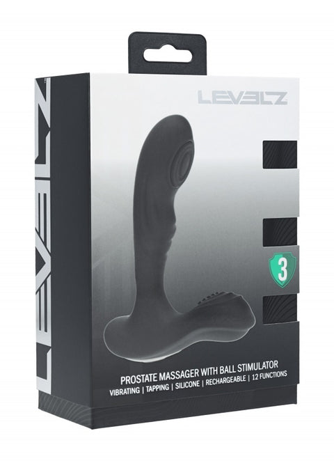 Levelz prostate massager packaging with black product silhouette on a white background