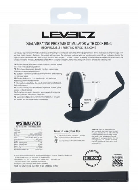 Levelz Dual Vibrating Remote Control & Rotating Beads Silicone Prostate Stimulator with Cock & Ball Rings
