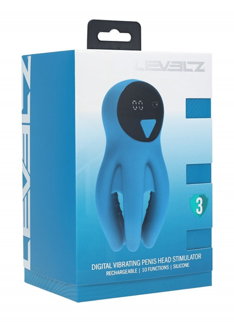 Blue packaging of a digital vibrating penis head stimulator with Levelz branding.