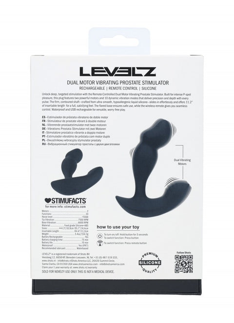 Levelz Dual Motor Remote Control Dual Motor Vibrating Liquid Silicone Prostate Stimulator Black