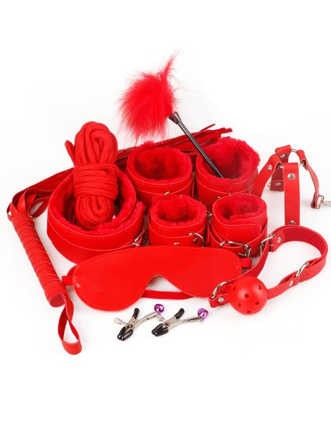 Faux Leather Ten Piece Bondage Set C80719-4 Red