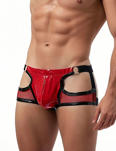 Faux Leather & Mesh Sexy Low Waist Mens Jockstrap MP305-2 Red L