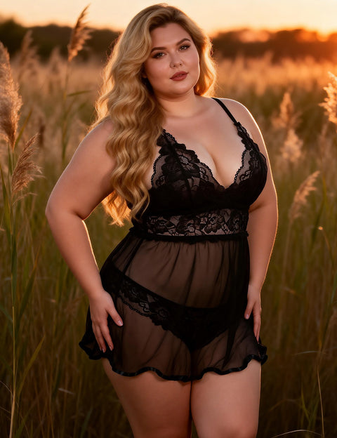 Elegant Backless Fly-away Babydoll & Panty Set R80641-1 Black XL/2XL