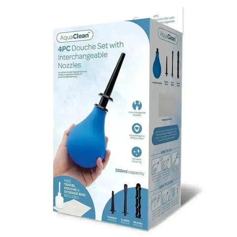 AquaClean 4PC Douche Set packaging with blue douche and interchangeable nozzles on a white background.