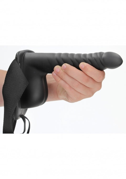 Ouch Ribbed Hollow Strap-On w/Balls 8" Black