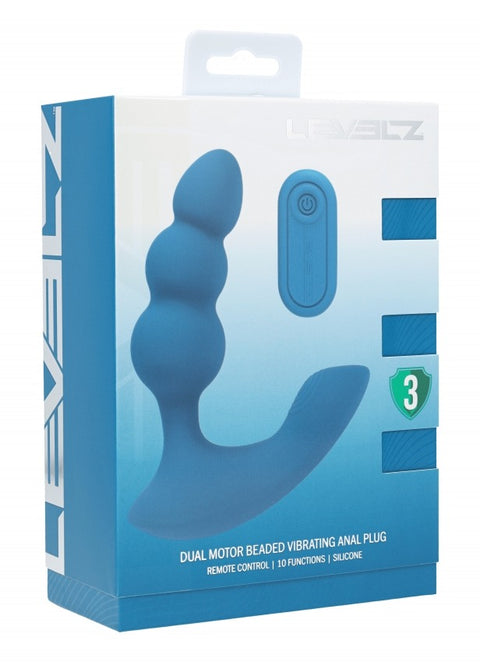 Blue packaging of a dual motor beaded vibrating anal plug with visible brand name.