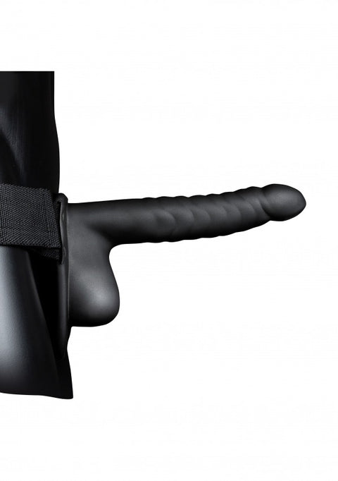 Ouch Ribbed Hollow Strap-On w/Balls 8" Black