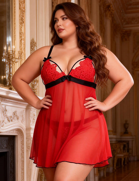Lace Delicate Embroidery Babydoll/Chemise Set R80926-2P Red M/L