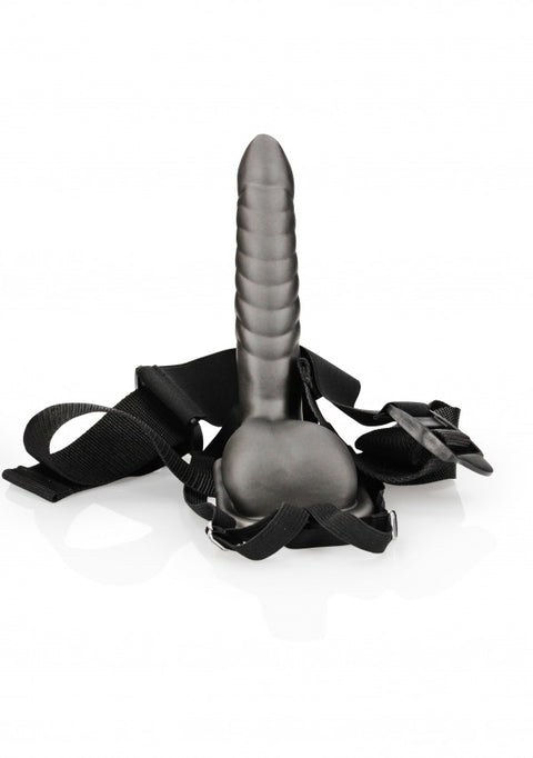 Ouch Ribbed Hollow Strap-On w/Balls 8" Grey