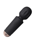 Black handheld massager with rose gold end on a white background