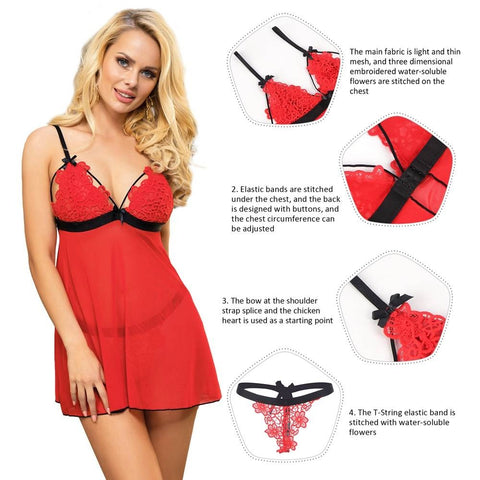 Lace Delicate Embroidery Babydoll/Chemise Set R80926-2P Red M/L
